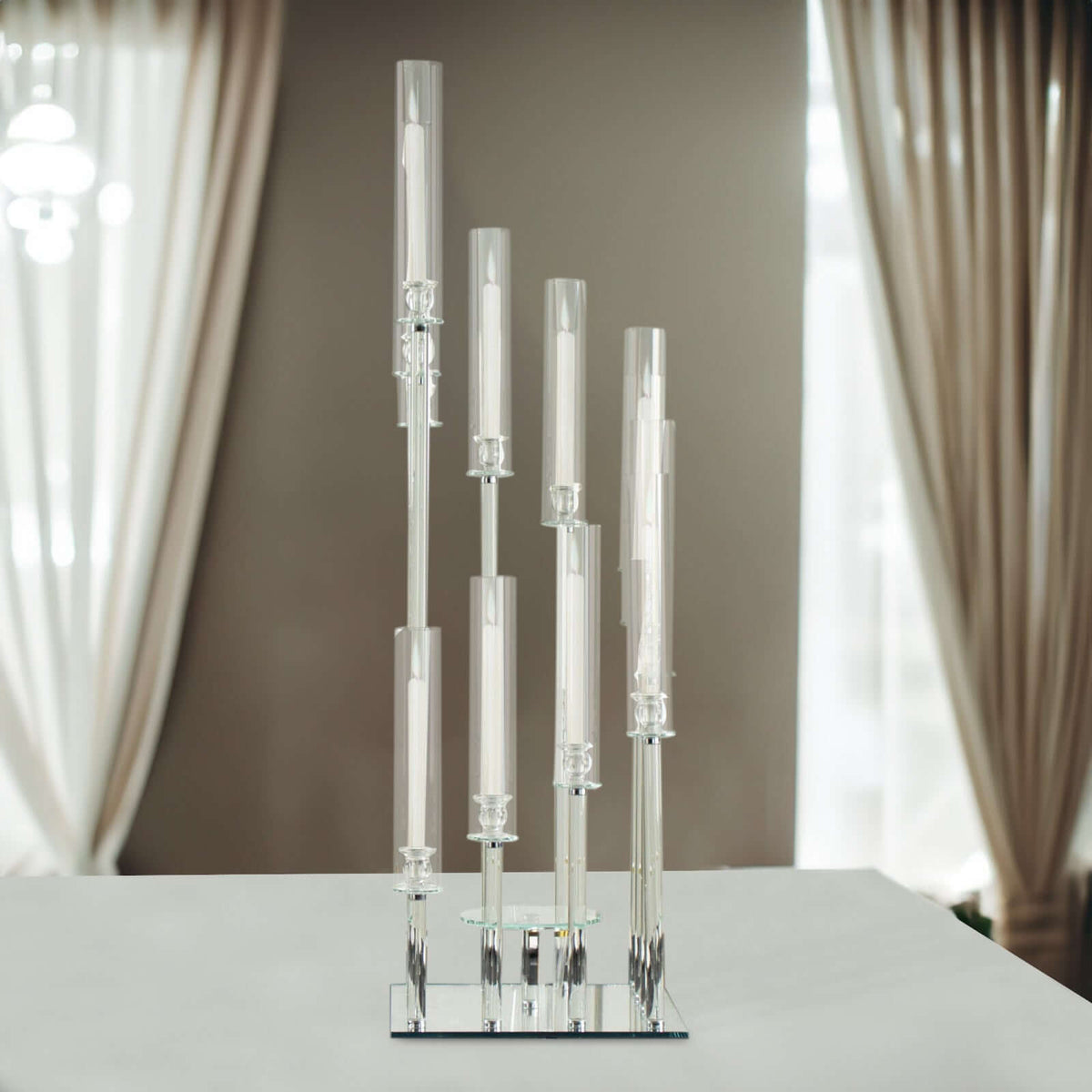 12-Arm Crystal Glass Cluster Candelabra Pedestal Stand 4.5ft - Square Hurricane Taper Candle Holder Table Centerpiece